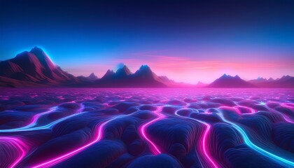 Abstract Fractal Landscape With Glowing Pink And Blue Neon Lights