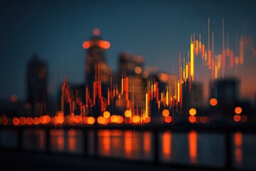 Abstract glowing candlestick chart overlaid on a softly blurred city skyline at dusk, featuring vibrant neon colors and futuristic lighting, evoking a sense of innovation
