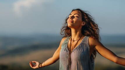 A woman stands outdoors with her arms outstretched savoring the moment amidst a serene landscape. The sun sets behind her casting a warm glow as she breathes deeply embracing nature's beauty.