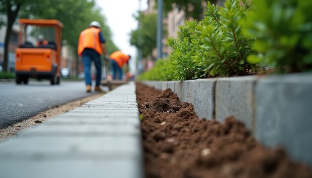 City workers install curb stones and plants during road works. Green shrubs beside new pavement. Construction crew performs infrastructure work. Urban gardening project creating green space in city.