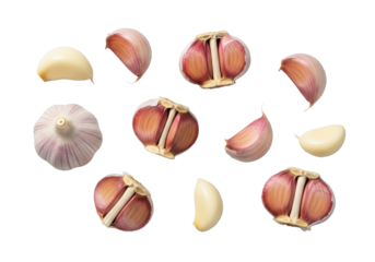 Nine fresh garlic cloves, some peeled with off-white flesh, others unpeeled with reddish-purple skin, scattered on a clean transparent background with bright studio lighting. High quality product