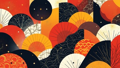 Asian inspired art featuring geometric motifs. Red yellow black orange circles squares triangles blend with patterns. Decorative backdrop creates visually bold unique fusion. Artistic stylised