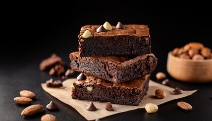 Decadent Chocolate Brownies With Nuts Chips On Black Background