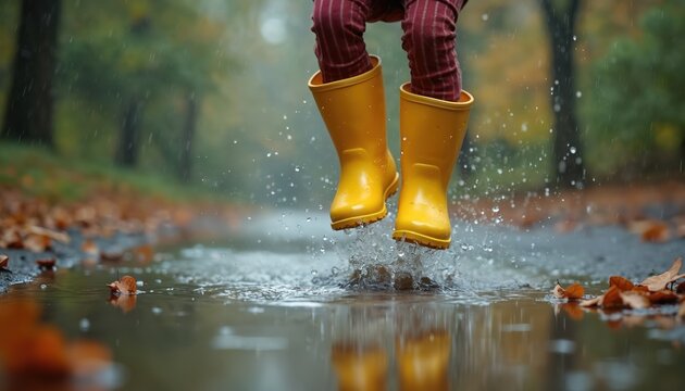 Kid in yellow boots jumps in puddle. Autumn leaves float around. Rain falling on background trees. Happy childhood moment. Joyful child plays outside. Fall season weather fun time.