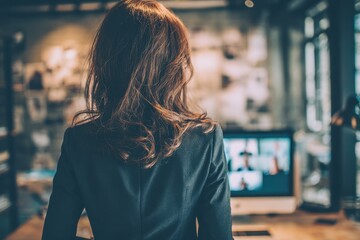 A businesswoman's back view in a stylish home workspace, leading a virtual meeting with colleagues displayed on the laptop screen. Bright, ambient lighting enhances the professional yet inviting envir