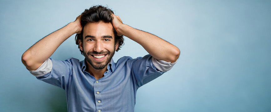 25/30 year old man with curly brown hair with a wide smile and a light blue shirt, looking at the camera with a happy and surprised expression.