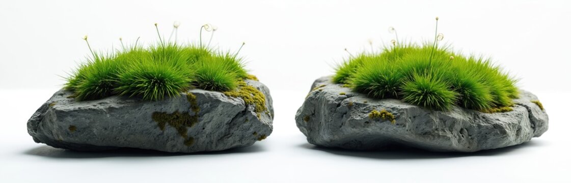 Two gray stones with green moss and delicate white flowers grow from their surfaces isolated on a white background. Natural texture evident on rough rock formations create subtle contrast. - Powered by Adobe
