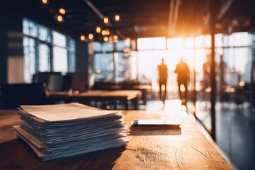 Brightly lit modern office with a wooden table, featuring business documents, a smartphone, and a laptop. Colleagues discuss data in the background, creating a collaborative atmosphere