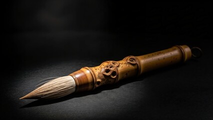 Japanese calligraphy brush in traditional craft style, warm wood tones, symbol of art and handwriting culture