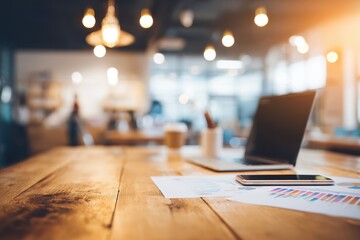 Brightly lit modern office with a wooden table, featuring business documents, a smartphone, and a laptop. Colleagues discuss data in the background, creating a collaborative atmosphere