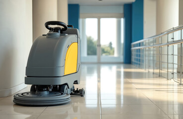 Automated floor scrubber machine cleans modern building corridor. Cleaning equipment shines polished tiles with circular brushes for hygiene and shine.