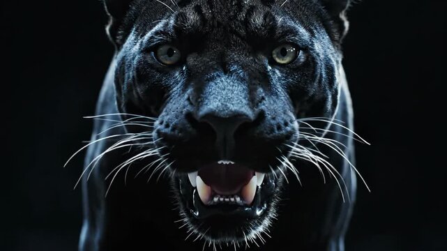 Majestic Black Panther Prowls in Dimly Lit Jungle Under Moonlight with Intense Gaze and Sharp Fangs Visible