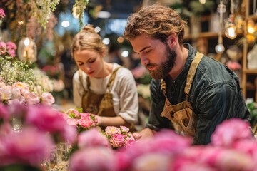Two happy florists working side by side in a colorful flower shop, crafting beautiful bouquets with fresh flowers, exuding a warm and inviting atmosphere