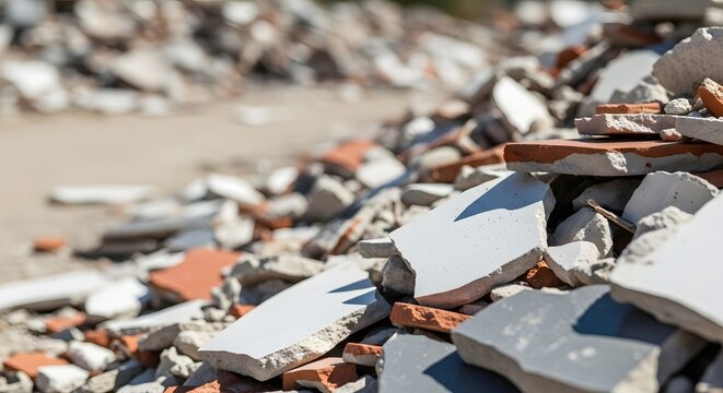 Close up of a large pile of broken tiles and concrete debris at a landfill for environmental pollution concept and waste management challenge