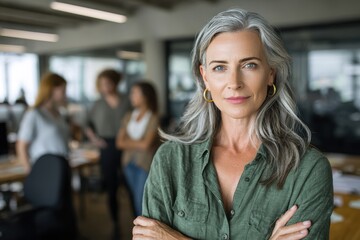 A confident, stylish mature woman in a chic office, natural light illuminating her gray hair, standing with arms crossed, exuding leadership and poise