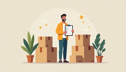 Man with beard holds checklist near boxes. He happily reviews moving tasks. Plants and stars add warmth to new beginnings. This scene shows home organization and transition.