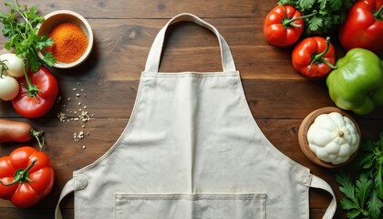 Blank apron on rustic wooden kitchen table. Fresh organic red tomatoes, green peppers, white pattypan squash, herbs arranged around. Vibrant orange spice bowl. Perfect culinary template for healthy