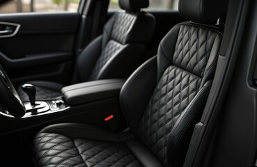 Obraz premium New black car interior features comfortable seats with diamond pattern. Luxury vehicle stylish quilted leather upholstery. Modern auto styling offers comfort, elegance. Front, passenger look sleek,
