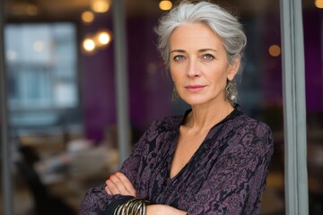 A confident, stylish mature woman in a chic office, natural light illuminating her gray hair, standing with arms crossed, exuding leadership and poise