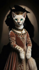 Majestic feline in royal embroidered attire with golden crown