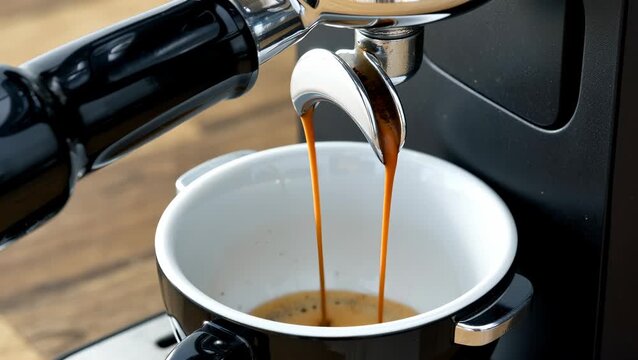 Freshly Brewed Espresso Coffee Pouring Into White Cup