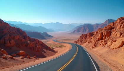 Smooth asphalt road winds through wide desert valley. Red rock mountains line sides. Distant blue peaks fade into horizon under clear sky. This empty road offers travel, journey, freedom, adventure.