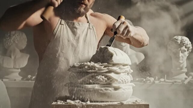 Sculptor Chipping Marble Burger Classical Art Dust Flying