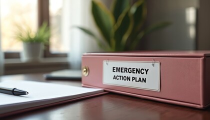 Emergency Action Plan document binder lies on desktop. Pen and notepad are next to folder on table. Indoor workplace shows readiness for crisis management and disaster prevention planning at office.
