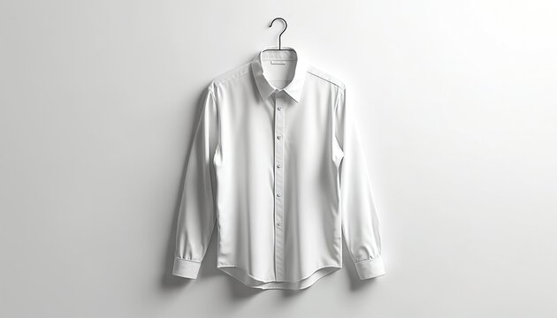 Clean white shirt on a hanger. Formal long sleeve garment on white background. Blouse isolated. Clothing design template for presentation. Fashion style. Top view of classic apparel. - Powered by Adobe