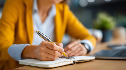 Selective focus hand, female employee pen, write marketing strategy, ideas notepad closeup, self employed woman, planning work schedule, home office desk, task planning organizatio