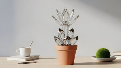 Minimalist Scandinavian Desktop with Crystal Data Vault Plant in Morning Light