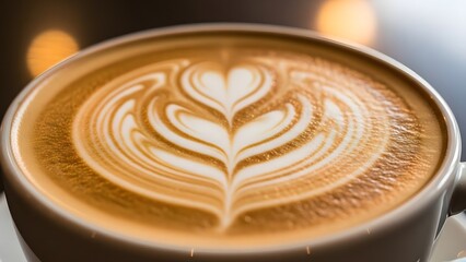 Close up of a delicious latte coffee with beautiful heart shaped art.