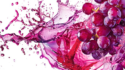 Purple wine splashes dynamically around fresh grapes, showcasing a beautiful interplay of color and liquid movement in a captivating moment