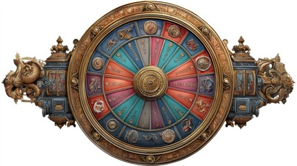 Obraz premium An elaborate astrological wheel features vibrant zodiac signs and symbols elegantly crafted with intricate details and rich colors highlighting artistic skill and historical significance.
