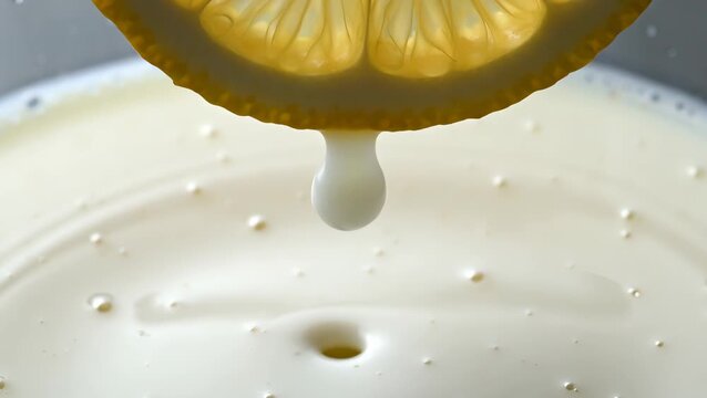 Fresh Lemon Slice Dripping into Smooth Creamy Mixture