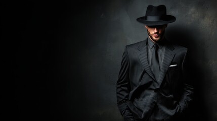 A fashionable man stands confidently with his hands in his pockets. He wears a black striped suit and a wide brimmed hat exuding sophistication in low light.