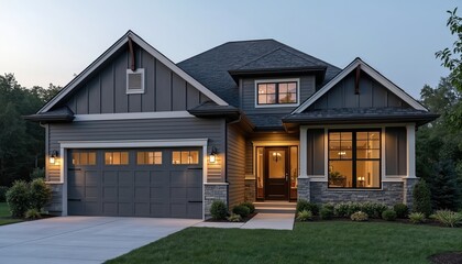 Fototapeta premium Modern suburban home exterior at dusk. Gray siding house with lit windows and garage. Residential architecture and design concept. Contemporary building in neighborhood