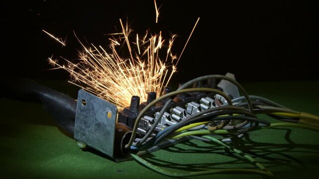 The contact group overheats, causing chaotic sparks and partial melting of the joints.