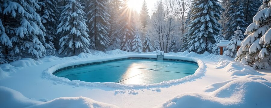 Outdoor pool covered with tarp in snowy backyard surrounded by fir trees. Bright sun rays shine through winter branches. Clean water surface peeks out from under protective cover.