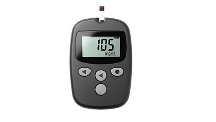 Digital blood glucose meter showing a reading of 105 mgdl, isolated on transparent background