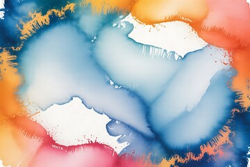 blue watercolor paint background design with colorful orange pink borders and bright center, watercolor bleed and fringe with vibrant distressed grunge texture