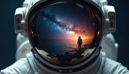 Astronaut helmet reflects vast cosmos galaxy ocean horizon. Solitary figure stands on rocky shore, gazing at starry sky. Space exploration, discovery, journey concept.