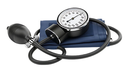 Manual blood pressure monitor sphygmomanometer with cuff and bulb isolated on transparent background