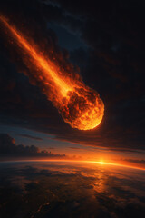 Fiery celestial body hurtling towards the Earth against a sunset-lit horizon and cloudscape, symbolizing destruction or cosmic events.