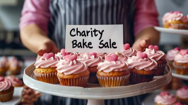 Cupcakes with pink frosting on display at charity bake sale