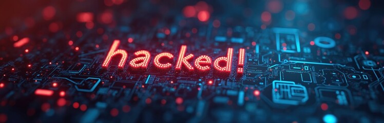 Word hacked on blue electronic circuit board. Cyber attack concept. Digital data stolen. Network breach. Online fraud. Security problem with firewall cracked. Server damaged. Warning message displays.
