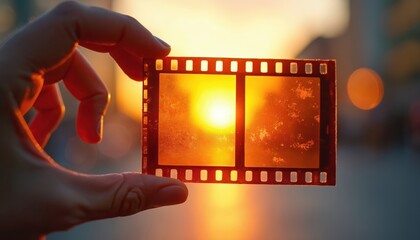 Hand holds old film strip with sun shining through. Warm orange light creates nostalgic mood. Close up on photochemical material. Photographic memory.