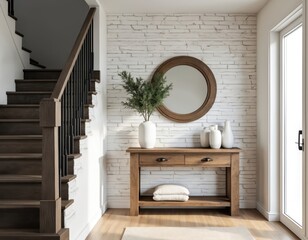 Modern home entryway interior design. Dark wood staircase with black metal railing. White stone brick wall texture. Rustic wood console table, round wooden mirror, green plant, white ceramic vases,
