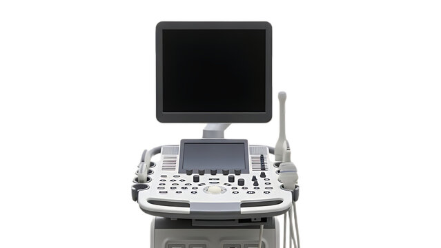 Modern portable medical ultrasound machine with monitor and transducer probe isolated on transparent background