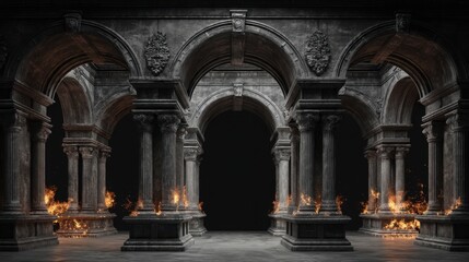 Fototapeta premium An impressive stone hall features tall columns and arches with flickering flames providing light in the darkness creating a dramatic and captivating atmosphere.